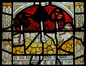 Vindue N3, der viser verdens sidste femten dage (Pryke of Conscience-vinduet): jorden sluger sten (farvet glas) af English School